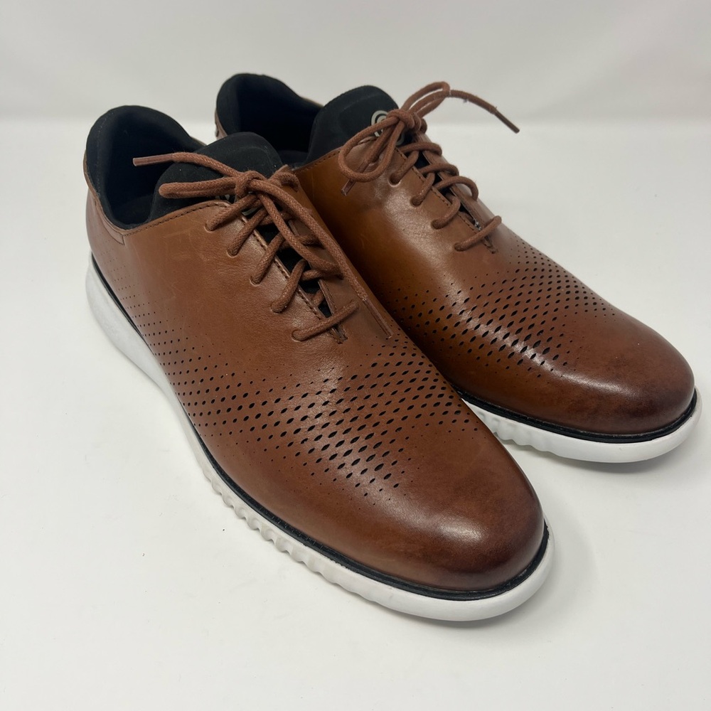 COLE HAAN Zerogrand Laser Wingtip Oxford Shoes British Tan Leather Sz 11.5 EUC